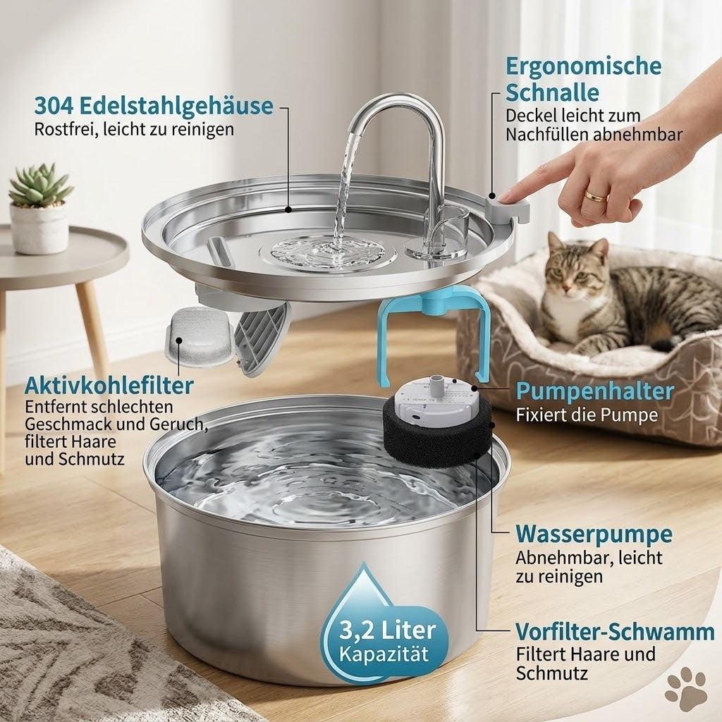 Trinkbrunnen aus Edelstahl für Hunde und Katzen – Frisches Wasser in Premium-Qualität